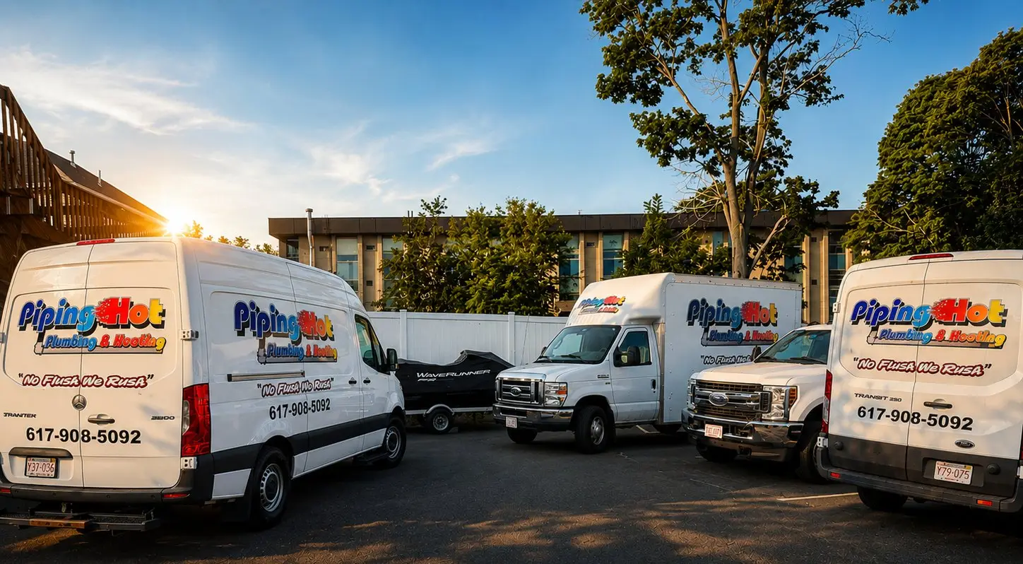 The Piping Hot fleet of lettered service vans at golden hour